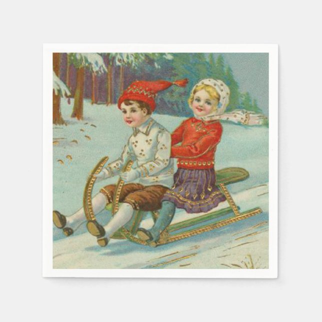 Vintage Christmas Sledding with Children Paper Napkins (Front)