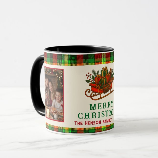 Vintage Christmas Sledge Gifts Plaid 2 Photos Mug (Front Left)