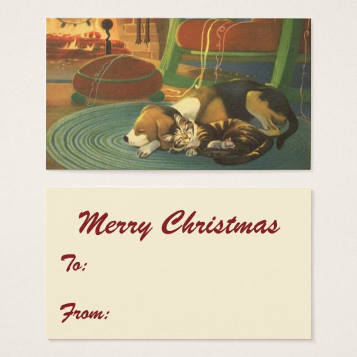 Customizable Vintage Christmas, Sleeping Animals by Fireplace Business Card