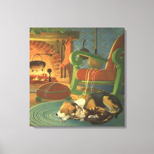 Vintage Christmas Sleeping Animals by Fireplace Canvas Print