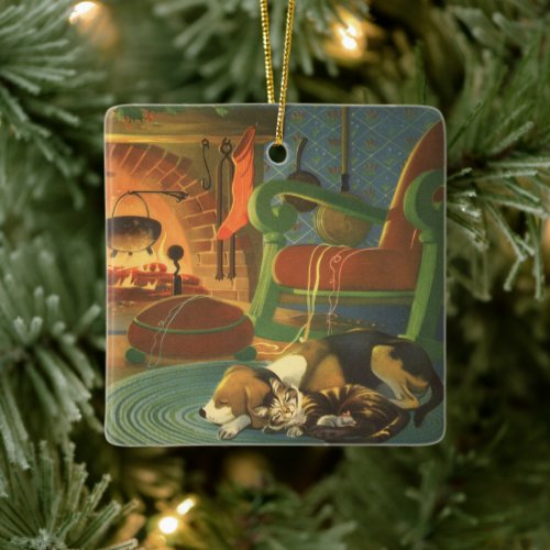 Vintage Christmas Sleeping Animals by Fireplace Ceramic Ornament