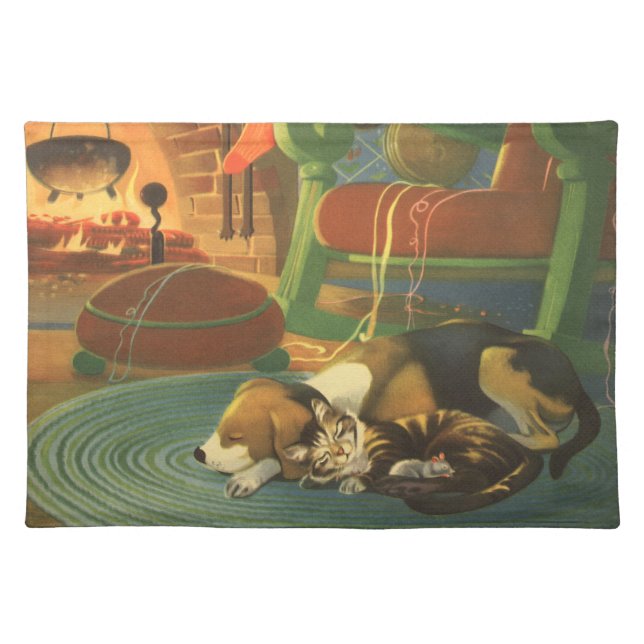 Vintage Christmas, Sleeping Animals by Fireplace Cloth Placemat (Front)