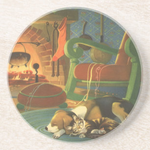 Vintage Christmas, Sleeping Animals by Fireplace Drink Coaster