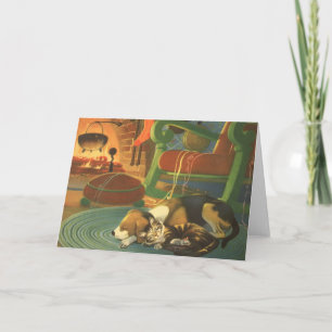 Vintage Christmas, Sleeping Animals by Fireplace Holiday Card