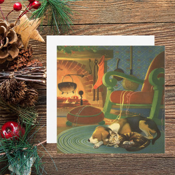 Vintage Christmas  Sleeping Animals By Fireplace Holiday Card by ChristmasCafe at Zazzle