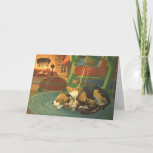 Vintage Christmas, Sleeping Animals by Fireplace Holiday Card
