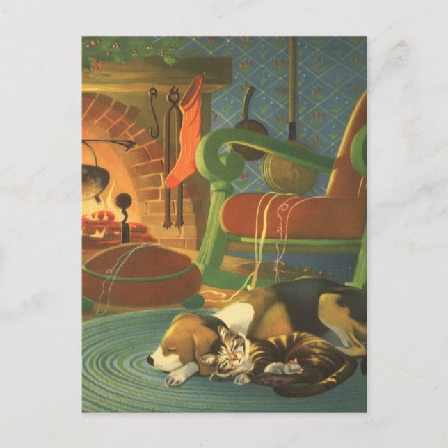 Vintage Christmas, Sleeping Animals by Fireplace Holiday Postcard (Front)