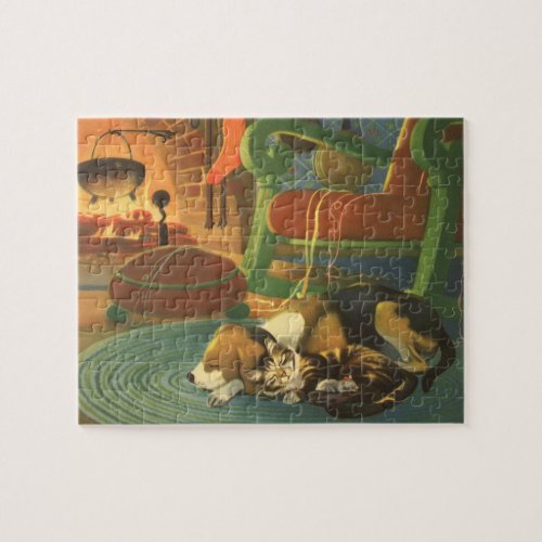 Vintage Christmas Sleeping Animals by Fireplace Jigsaw Puzzle