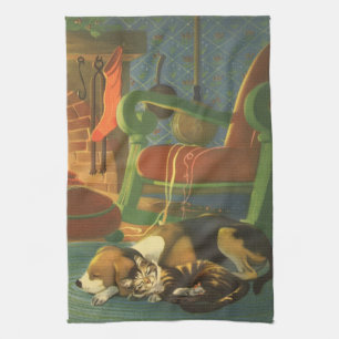 Vintage Christmas, Sleeping Animals by Fireplace Kitchen Towel