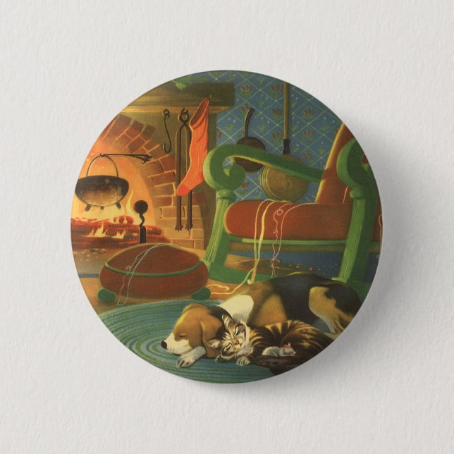 Vintage Christmas, Sleeping Animals by Fireplace Pinback Button (Front)