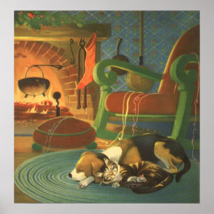 Vintage Christmas, Sleeping Animals by Fireplace Poster