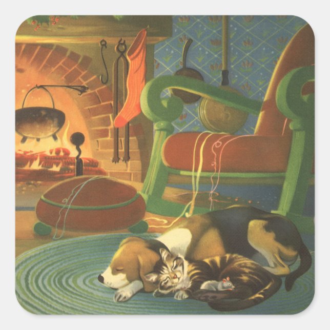 Vintage Christmas, Sleeping Animals by Fireplace Square Sticker (Front)