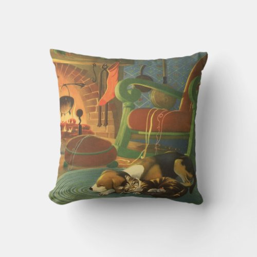 Vintage Christmas Sleeping Animals by Fireplace Throw Pillow