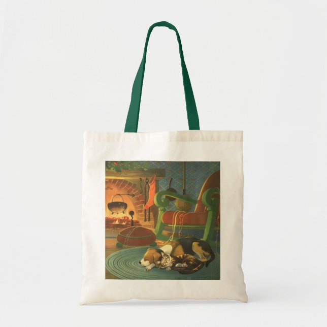 Vintage Christmas, Sleeping Animals by Fireplace Tote Bag (Front)