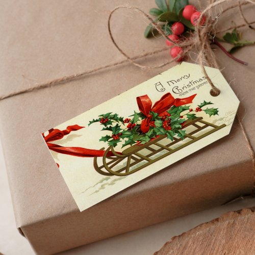 Vintage Christmas Sleigh greetings Gift Tags