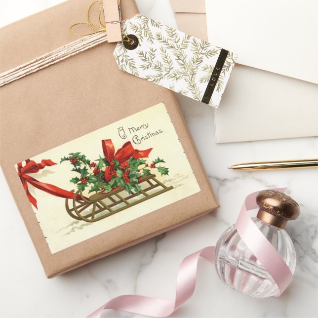 Vintage Christmas Sleigh greetings Rectangular Sticker (Gifting)