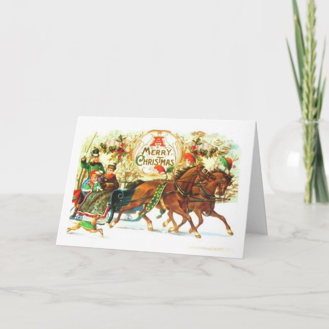Vintage Christmas Sleigh Horses Holiday Card (Front)
