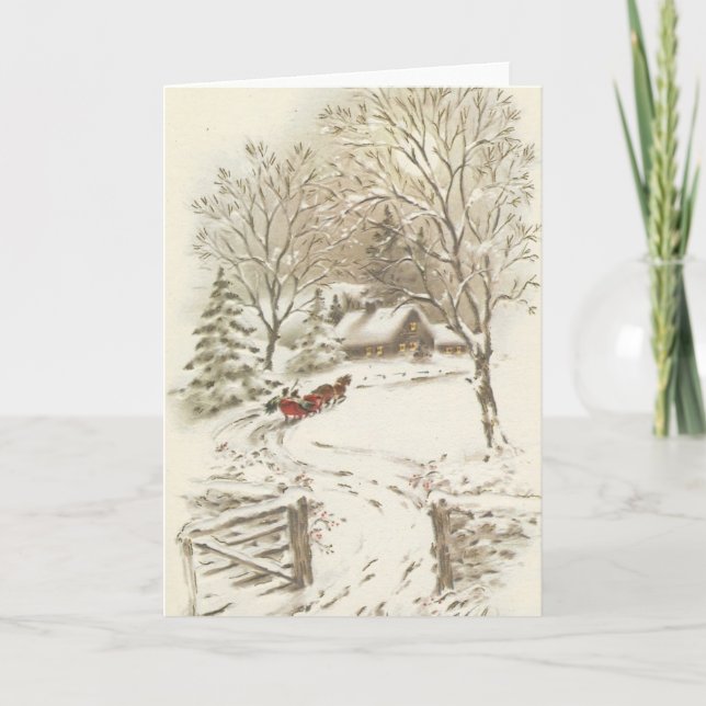 Vintage Christmas Sleigh Ride In Snow Holiday Card (Front)