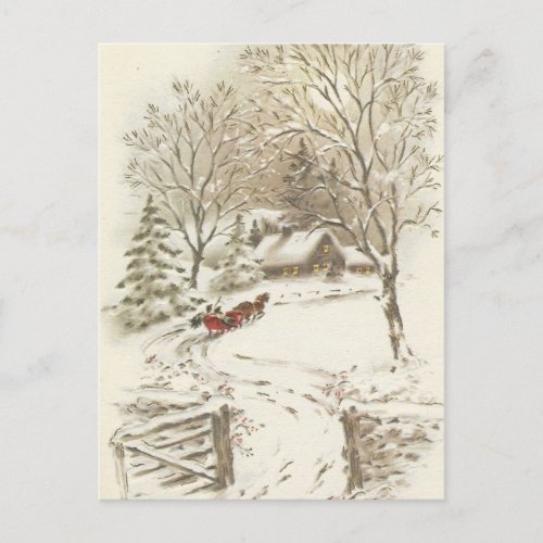 Vintage Christmas Sleigh Ride In Snow Holiday Postcard