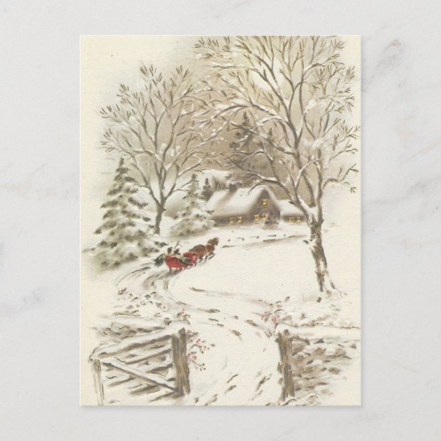 Vintage Christmas Sleigh Ride In Snow Holiday Postcard (Front)