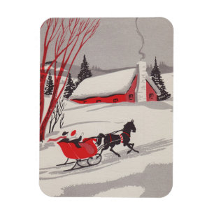 Vintage Christmas Sleigh Snow Scene Magnet