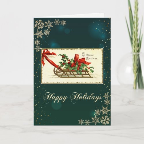 Vintage Christmas Sleigh Snowflakes Green Holiday Card