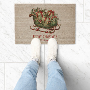 Vintage Christmas Sleigh with Gifts and Greenery Fiber Doormat
