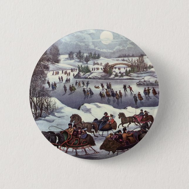 Vintage Christmas Sleighs, Central Park in Winter Button (Front)
