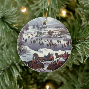 Vintage Christmas Sleighs, Central Park in Winter Ceramic Ornament