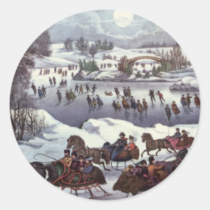 Vintage Christmas Sleighs, Central Park in Winter Classic Round Sticker