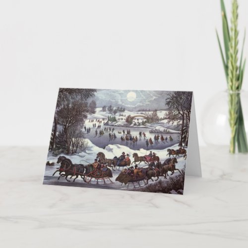 Vintage Christmas Sleighs Central Park in Winter Holiday Card