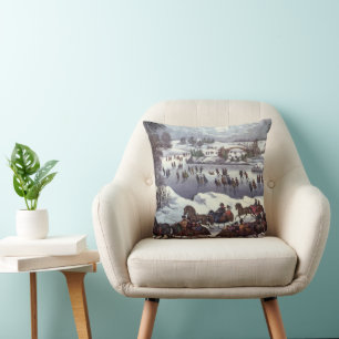 Vintage Christmas Sleighs, Central Park in Winter Throw Pillow