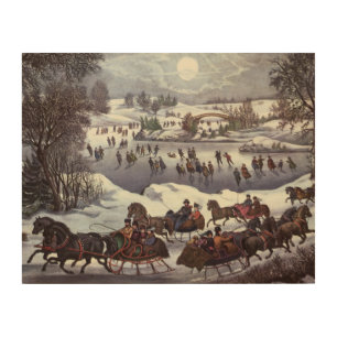 Vintage Christmas Sleighs, Central Park in Winter Wood Wall Decor
