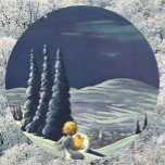 Vintage Christmas, Snow Angel Walking with a Star Classic Round Sticker<br><div class="desc">Vintage illustration religious Christmas holiday image featuring an angel holding a bright,  shining star and walking through the snow at night. This snowy landscape includes some rolling hills,  trees and a village in the moonlight. A Christian religion design with an angelic cherub coming to town.</div>