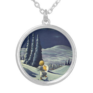 Vintage Christmas, Snow Angel Walking with a Star Silver Plated Necklace