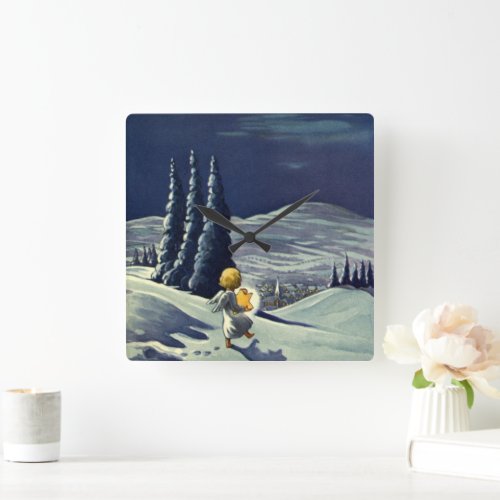Vintage Christmas Snow Angel Walking with a Star Square Wall Clock