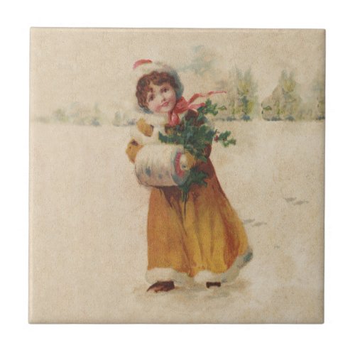 Vintage christmas Snow Child Victorian painting Ceramic Tile