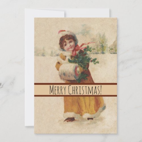 Vintage christmas Snow Child Victorian painting Holiday Card