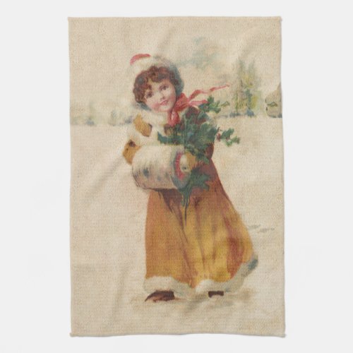 Vintage christmas Snow Child Victorian painting Kitchen Towel