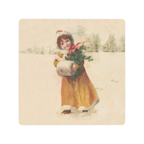 Vintage christmas Snow Child Victorian painting Metal Print