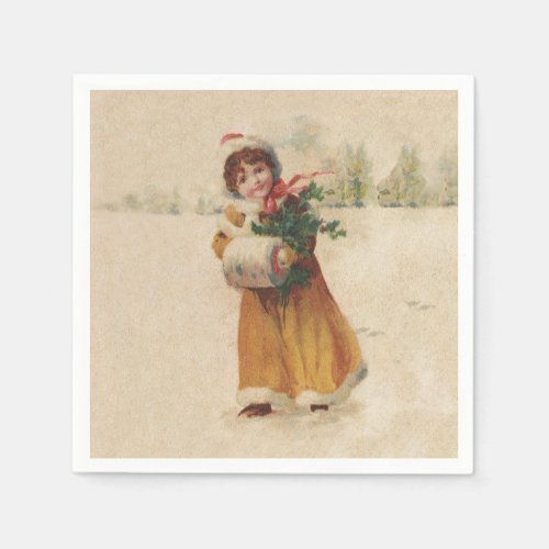 Vintage christmas Snow Child Victorian painting Napkins
