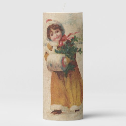 Vintage christmas Snow Child Victorian painting Pillar Candle