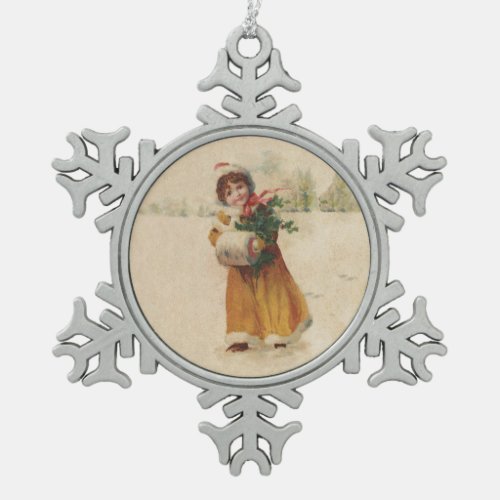 Vintage christmas Snow Child Victorian painting Snowflake Pewter Christmas Ornament