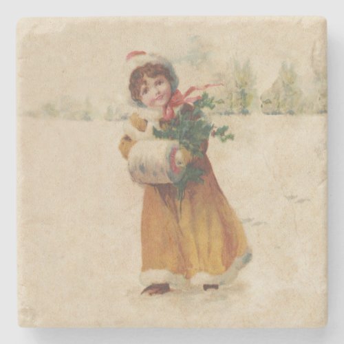 Vintage christmas Snow Child Victorian painting Stone Coaster