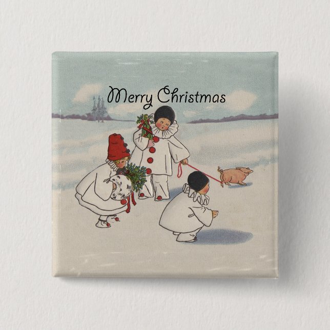 Vintage Christmas Snow Children Pig Button (Front)