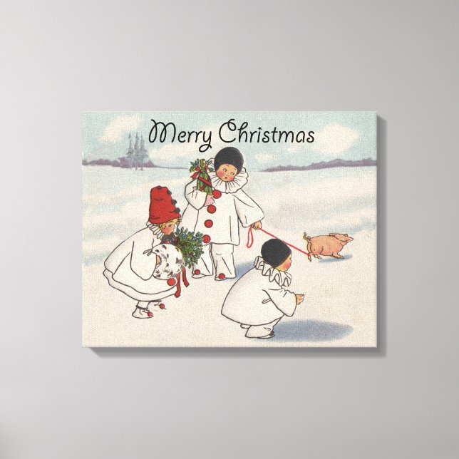 Vintage Christmas Snow Children Pig Canvas Print (Front)