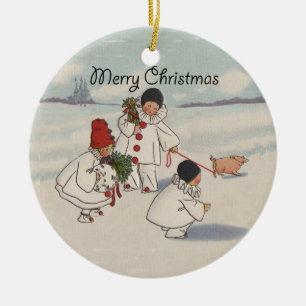 Vintage Christmas Snow Children Pig Ceramic Ornament