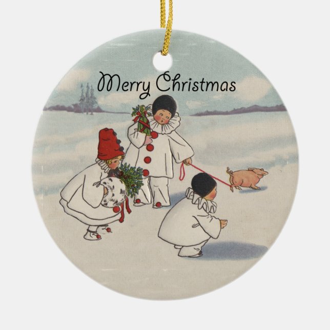 Vintage Christmas Snow Children Pig Ceramic Ornament (Front)