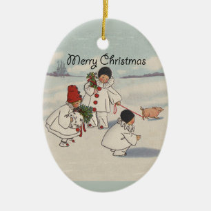 Vintage Christmas Snow Children Pig Ceramic Ornament