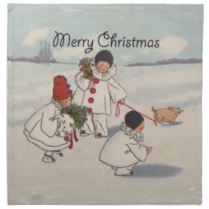 Vintage Christmas Snow Children Pig Cloth Napkin